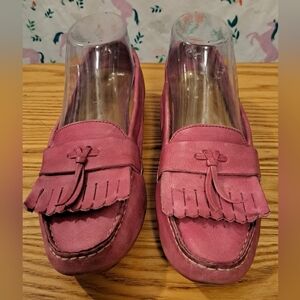 Cole Haan Pink Suede Preppy Boho Casual Neutral Loafer Shoe w/ Tassels SZ 7B